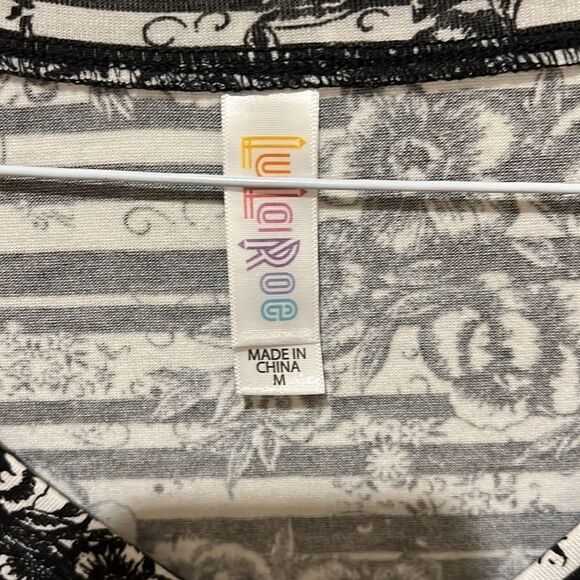 New LuLaRoe Black and White Striped with Flowers Short Sleeve Top - Picture 2 of 4